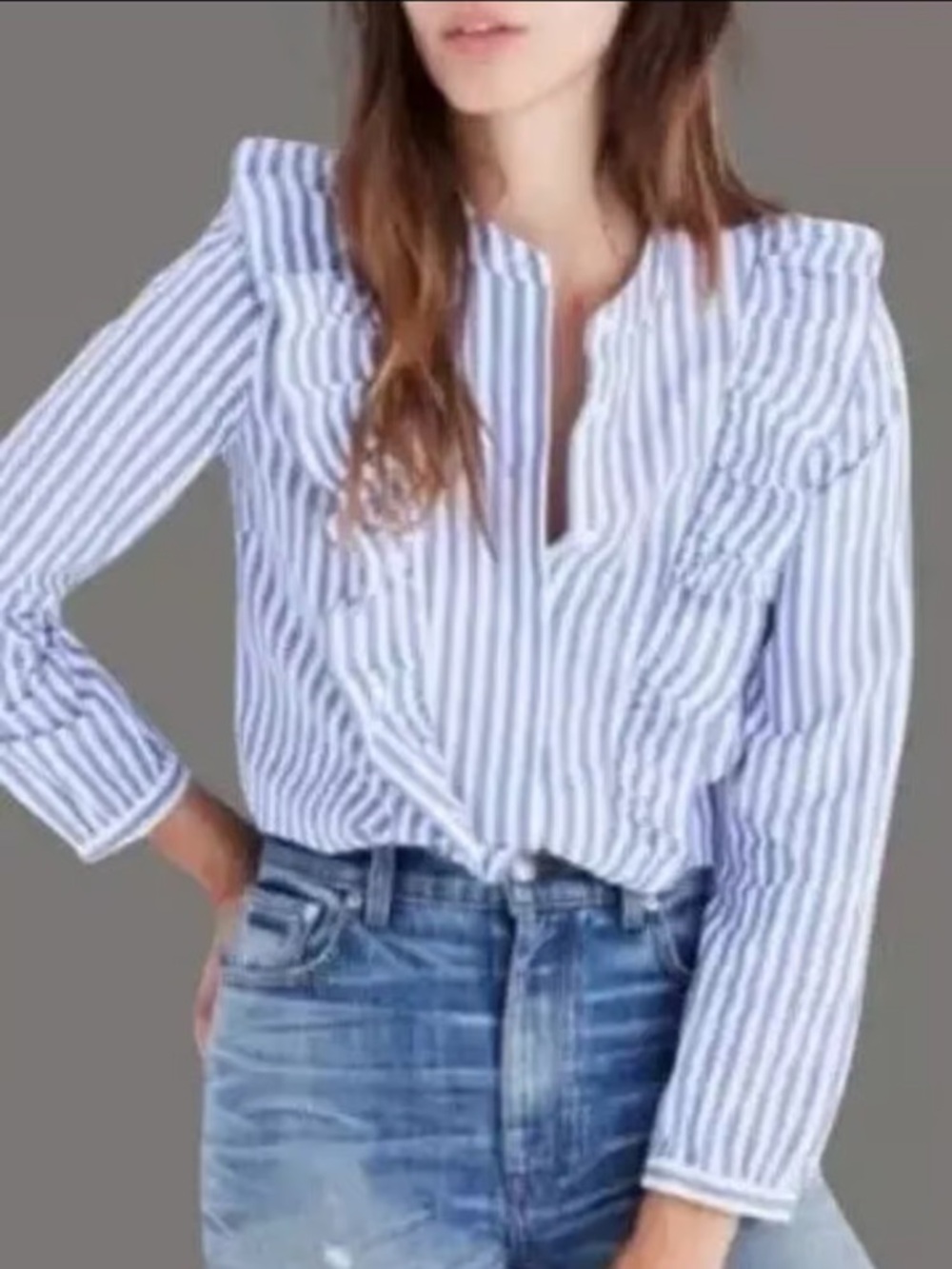 Madewell Blue and White Striped Ruffle-Trim Button Down